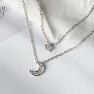 NEW💛 Double Layered Crescent Moon & Star Rhinestone Necklace
